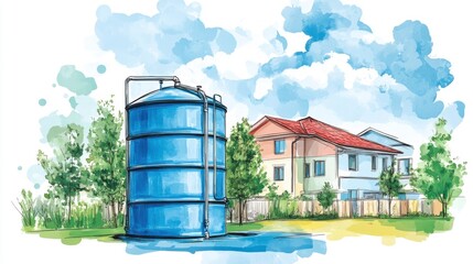 Vibrant Water Tank Surrounded by Lush Greenery and Modern Homes Under a Dramatic Sky Filled with Soft Clouds and Bright Colorful Hues
