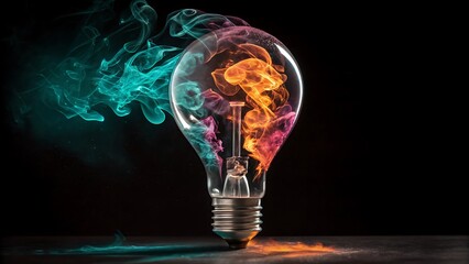Abstract colorful smoke inside a light bulb representing creativity and innovation