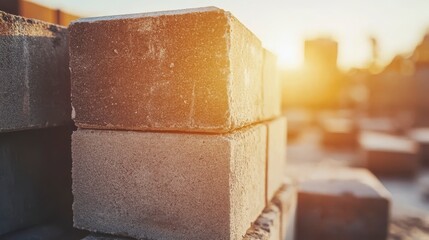 Warm Sunset Glow on Stacked Building Blocks in Construction Site, Showcasing Textured Surface and Natural Light Effects for Urban Development Imagery
