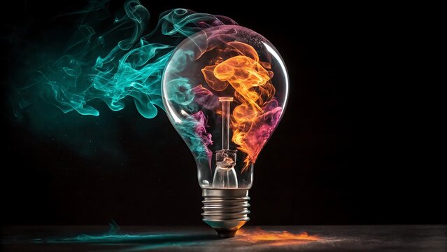Abstract colorful smoke inside a light bulb representing creativity and innovation