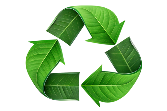 Recycle symbol made of green leaves on transparent background