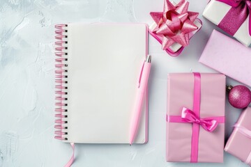 Vibrant Picture of Notebook with Pink Pen and Present Boxes