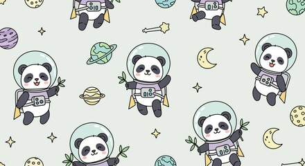 Cute Baby Panda Astronaut Vector Pattern – Seamless Space Animal Design for Kids Fabric, Wallpaper, and Education Projects