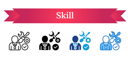 Skill - Multi Style Icon - Person with wrench, gear, and checkmark, representing certified technical or manual skills