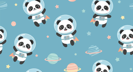 Cute Baby Panda Astronaut Vector Pattern – Seamless Space Animal Design for Kids Fabric, Wallpaper, and Education Projects