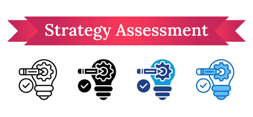 Obraz premium Strategy Assessment - Multi Style Icon - Light bulb with target and gear, indicating analysis and evaluation of strategic ideas and innovation paths