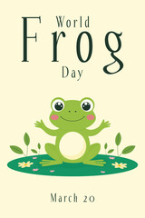 World Frog Day Minimalist Poster with Cute Frog on Lily Pad Vector Illustration.