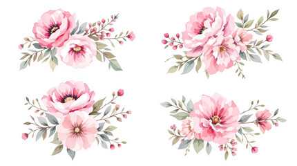 Set of pink flowers, Set Bouquet of flowers Watercolor