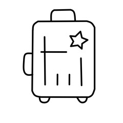 Simple line drawing of a suitcase with a handle, wheels, and a star sticker. Represents travel, luggage, and vacation for icons.