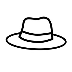 Simple line drawing of a fedora or classic brimmed hat. Represents fashion, accessories, and style for icons.