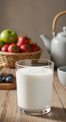 Glass of Milk with Strawberries and Teapot on Wooden Table