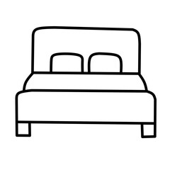 Simple line drawing of a bed with a headboard and two pillows. Represents sleep, relaxation, and accommodation for icons