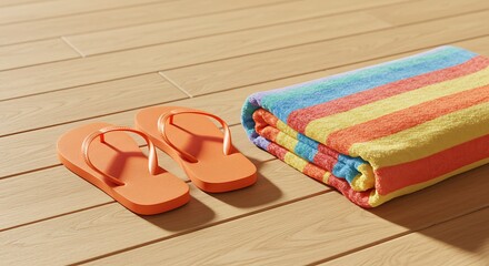 Beach Day Essentials: Flip-Flops and Striped Towel on Wood