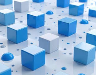 Naklejka premium Abstract arrangement of blue and white cubes scattered across a glossy, light-colored surface.