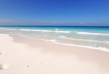 Fototapeta premium Expansive sandy beach with clear blue ocean, ample copy space, vibrant, summer