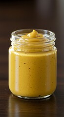 Golden Mustard in Glass Jar on Dark Wood