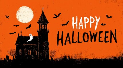 Web banner with Halloween headline, bats flying over full moon, and ghost peeking from side
