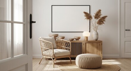 Interior with blank poster and rattan chair 3d render living room mockup