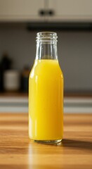 Golden Yellow Dressing in Glass Bottle on Wood
