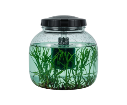 Close-up of Self-Healing Hydro Tank with Algae Cleaner Bot Showcasing Innovative Aquatic Ecosystem and Future Technology