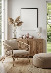 Interior with wicker chair and blank poster 3d render living room mockup