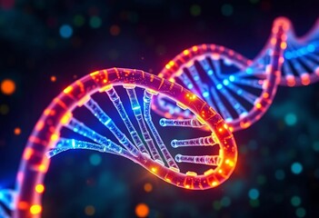 Glowing DNA helix intertwined with digital data streams and interface elements,  connection,  innovation
