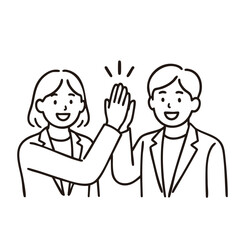 Male and female coworkers high-fiving, minimal line art illustration
