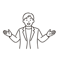 Businessman presenting with open arms, minimal line art illustration