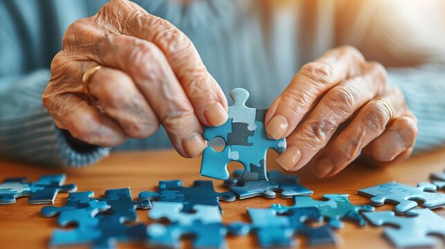 Elderly woman concentrating on solving jigsaw puzzle at wooden table, senior mental exercise and cognitive stimulation for memory care and dementia prevention.