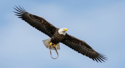 Fototapeta premium Bald eagle in flight against a clear blue sky.
