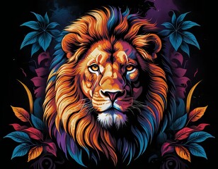 Un majestuoso león con la apariencia real e intimidante de un rey, estampado en un tatuaje de cuerpo entero, con líneas llamativas y colores vibrantes, con un fondo de bosque oscuro y místico
