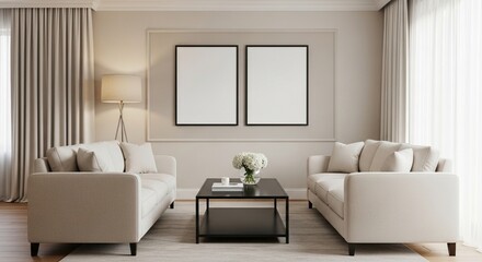 Living room with sofas, blank posters, and coffee table 3d render living room mockup