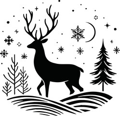 Beautiful silhouettes deer on white background. Winter elements for decor and holiday postcards. Vector illustration