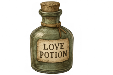 Green glass bottle holding magical love potion, corked with string, floating against transparent backdrop