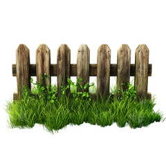 Rustic wooden fence surrounded by lush green grass, set against a serene outdoor backdrop