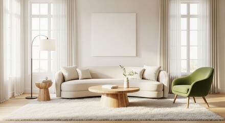 Living room with white sofa and blank canvas 3d render living room mockup