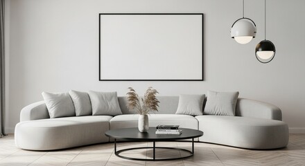 Modern living room with blank poster and curved sofa 3d render living room mockup