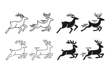 Running Deer Silhouette Icon Set – Dynamic Line Art and Solid Style Reindeer Illustrations for Logos, Holiday Designs, and Wildlife Graphics.