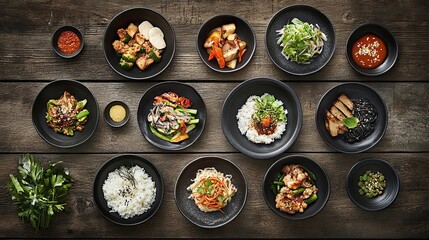 Asian cuisine dishes arranged on a dark wooden table