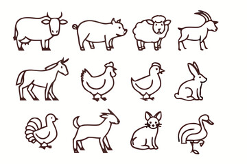 Fototapeta premium black and white Farm Animal Icon Set – Minimalist Line Art Illustrations of Domestic Livestock and Poultry for Agriculture, Education, and Graphic Design Projects.