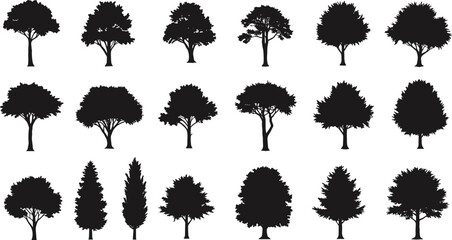 Tree silhouette vector set, black tree collection illustration, forest and nature element pack, landscape decoration design for graphic art, outdoor plant shape bundle, eco clipart