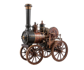 Detailed isolated image showcasing a vintage mobile steam forge cart on a clean plain white background