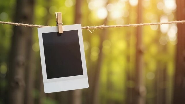 Blank photo frame hanging on string in forest during sunset  