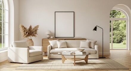 Living room with sofa, armchair, and blank poster 3d render living room mockup