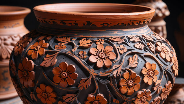 Ornate terracotta vase with floral relief design showcasing craftsmanship and artistry details