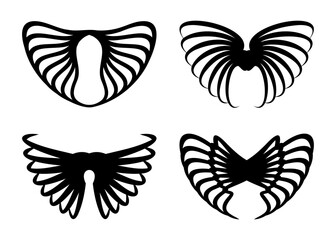 Four abstract black and white graphic designs featuring stylized wing or fan shapes with curved lines and negative space