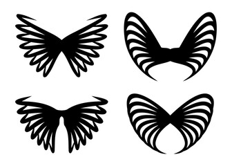 Four distinct black abstract wing designs isolated on a white background each featuring flowing lines and feather like shapes