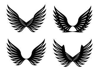 Fototapeta premium Collection of four distinct black silhouette angel or bird wing designs on a white background suitable for graphic design