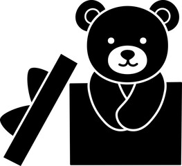 Toy bear sitting in gift box black silhouette vector.
Cute little teddy bear sitting in gift box silhouette Icon Isolated. 
For celebrating Valentine's Day, wedding or birthday. 
Valentine's Day icon 