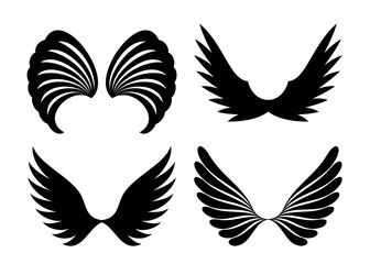 Naklejka premium Collection of four distinct black silhouette wing designs isolated on a white background showcasing variety in shape and feather style